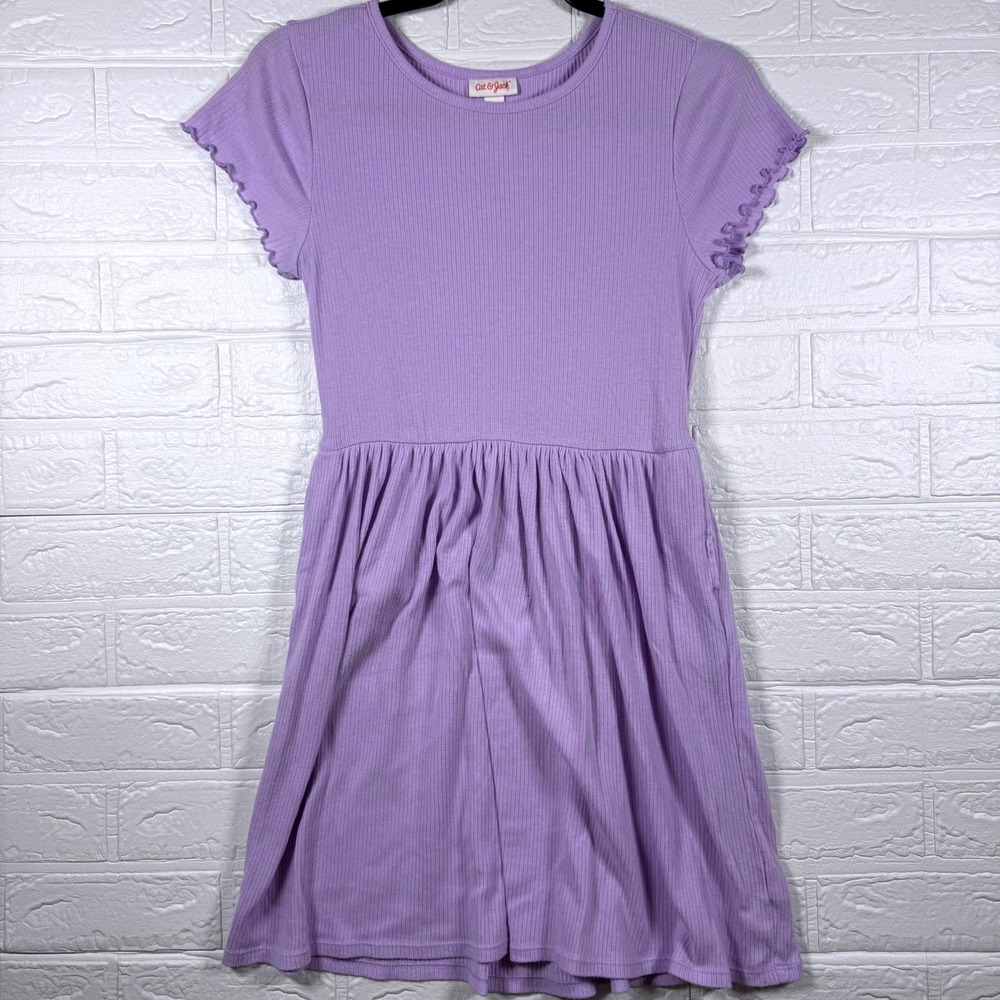 Cat & Jack Ribbed Dress Kids XL 14 Purple Short Sleeve Lettuce Trim Skater